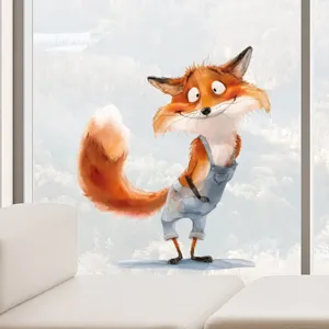 Playful cartoon fox wearing overalls static cling window sticker for home glass decoration