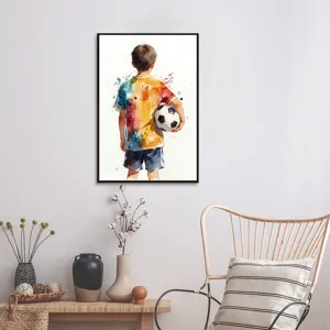Watercolor soccer boy canvas wall art in a modern living room setting