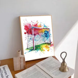 Detailed artistic watercolor soccer goal canvas print displayed on a modern wooden desk