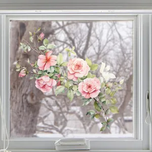 Detailed close-up showing pink rose floral static cling window sticker on a glass surface