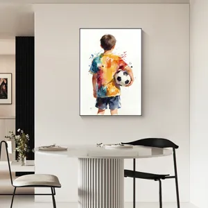 Watercolor soccer boy canvas art print in a modern dining room setting