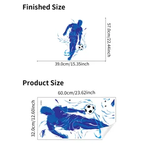 Detail view showing both finished and product dimensions for blue soccer player wall stickers.