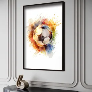 Dynamic watercolor soccer ball canvas art print displayed in a modern interior setting
