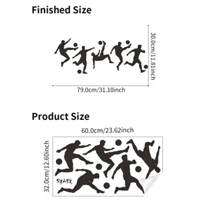 Tableau des dimensions des stickers muraux silhouettes de footballeurs, tailles finie et planche.