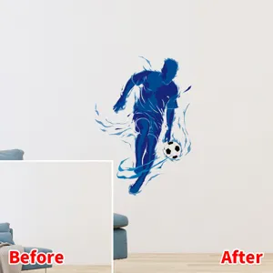 Before and after comparison of blue flame soccer player silhouette wall sticker decal