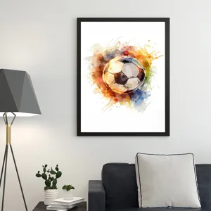 Watercolor soccer ball canvas print displayed in a stylish modern home decor setting.