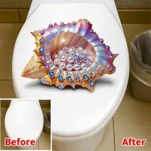 Sticker 3D coquillage perle pour abattant WC imperméable déco salle de bain avant après