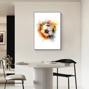 Detailed view of watercolor soccer canvas print in modern interior setting