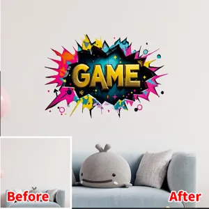 Close-up detail showing before and after effect of game theme PVC wall sticker
