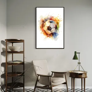 Watercolor soccer ball wall art print displayed in a modern minimalist interior setting