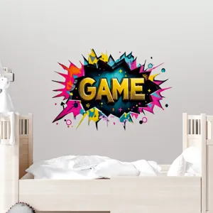 Colorful 3D graffiti game wall sticker with explosion effect applied on a bedroom wall