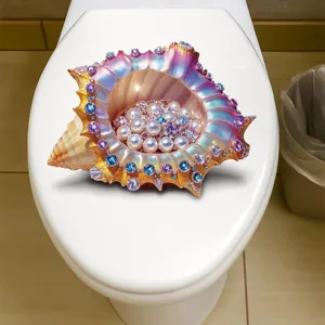 Sticker 3D réaliste perles et conque pour abattant de WC, décoration de salle de bain