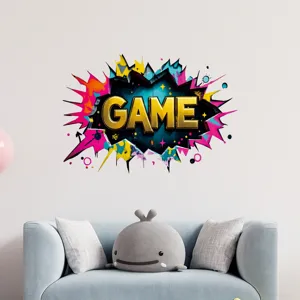 3D broken wall game sticker detail with vibrant graffiti splash and gold text