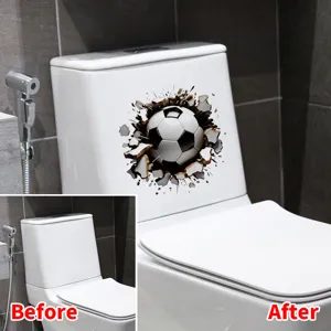 Visual comparison showing a 3D soccer ball wall sticker applied to a white toilet lid