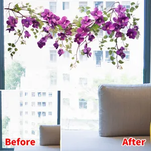 Comparison view showing purple flower static window cling sticker application effect