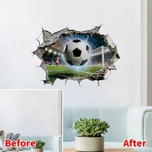 Detaillierte Ansicht der 3D-Fußball-Wandaufkleber mit Vorher-Nachher-Effektvergleich.