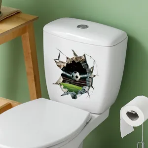 Realistic 3D waterproof soccer ball breaking wall toilet sticker for bathroom decor