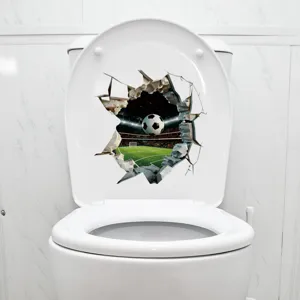 Realistic 3D soccer stadium wall sticker applied on white bathroom toilet seat.