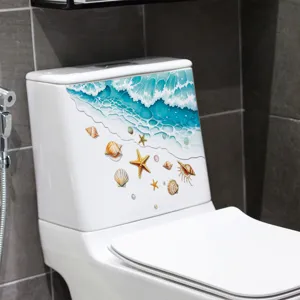 Vista dettagliata dell'adesivo 3D impermeabile con onde e stelle marine per serbatoio WC