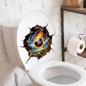 Autocollant 3D réaliste de football en feu pour abattant de WC, décoration de salle de bain