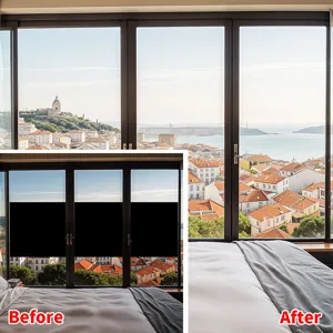 Blackout window privacy film for bedroom with before and after comparison effect