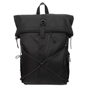 Detail view of a black roll-top business backpack for daily commuting and travel.