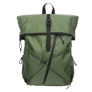 Front view of an olive green roll-top commuter backpack with bungee cord detail