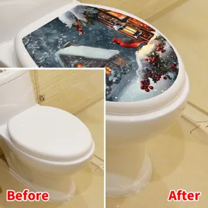 Before and after comparison of a Christmas snow cabin toilet lid decorative sticker