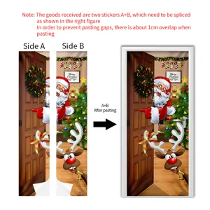 Detailed guide for splicing Christmas Santa and reindeer self-adhesive door stickers.