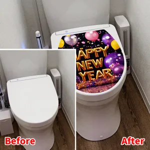Before and after comparison of waterproof New Year toilet lid sticker application