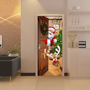 Christmas Santa Claus Reindeer PVC Self-Adhesive Door Sticker Removable 3D Festive Mural Decoration For Home Living Room Cabinet