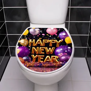 Close-up view of a festive Happy New Year toilet sticker with 3D balloon graphics