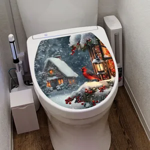 Waterproof Christmas toilet seat sticker featuring a snowy cabin and red cardinal bird