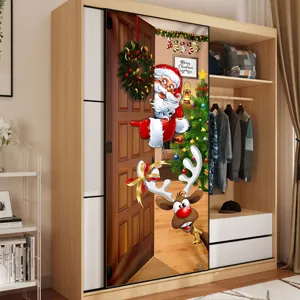 Christmas Santa and reindeer PVC door sticker on a wooden wardrobe