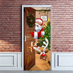 Close-up of a festive Christmas PVC door sticker with Santa Claus and reindeer graphics