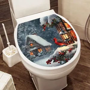 Christmas toilet seat decal featuring a cozy snow cottage and red cardinal bird scene