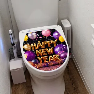 Festive Happy New Year waterproof PVC toilet seat sticker in a modern bathroom setting