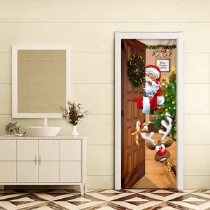 Detailed view of Christmas Santa Claus and reindeer self-adhesive PVC door sticker