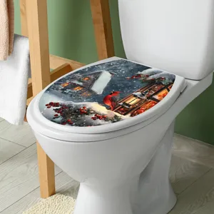 Festive Christmas toilet seat cover sticker with snowy winter cabin and red cardinal bird scene