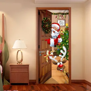 3D Christmas door sticker featuring Santa Claus and reindeer peeking through an open door.
