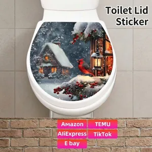 Christmas Snow House Cardinal Bird Waterproof PVC Toilet Sticker Self-adhesive Bathroom Wall Decal Winter Festive Home Decor