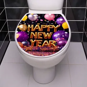 Waterproof Happy New Year Toilet Seat Sticker PVC Self Adhesive Festive Bathroom Wall Decal Balloons Glitter Decoration