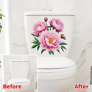 Before and after comparison of pink peony flower sticker applied on a white toilet tank