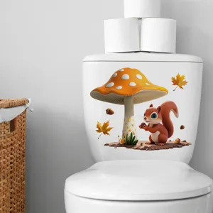 Gedetailleerd overzicht van een cartoon eekhoorn en paddenstoel PVC toiletsticker decoratie
