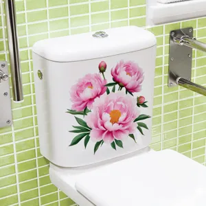 Detail view of pink peony flower waterproof PVC toilet sticker applied to a white tank