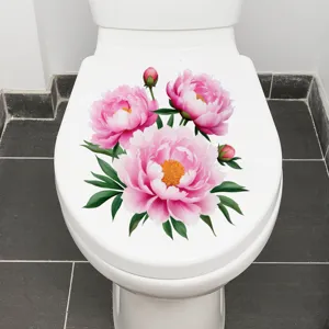 Detailed view of pink peony flower waterproof PVC self-adhesive sticker on white toilet lid.