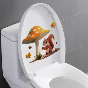 Gedetailleerd beeld van een 3D-toiletdeckelsticker met een schattig eekhoorn- en paddenstoel.