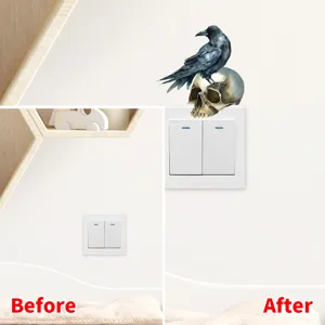 Before and after comparison of Halloween raven skull wall sticker on a light switch