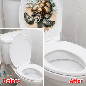 Comparison showing toilet lid before and after applying a sea turtle decorative sticker