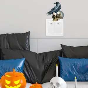 Halloween crow on skull wall sticker applied above light switch in bedroom setting